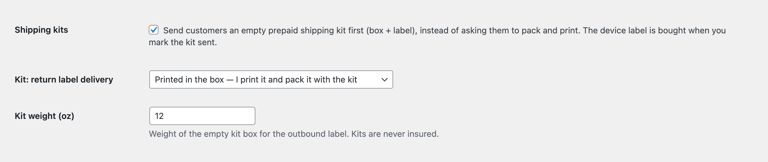 Gyta BuyBack shipping-kit settings: a checkbox to send customers an empty prepaid kit, a return-label delivery selector, and a kit weight field